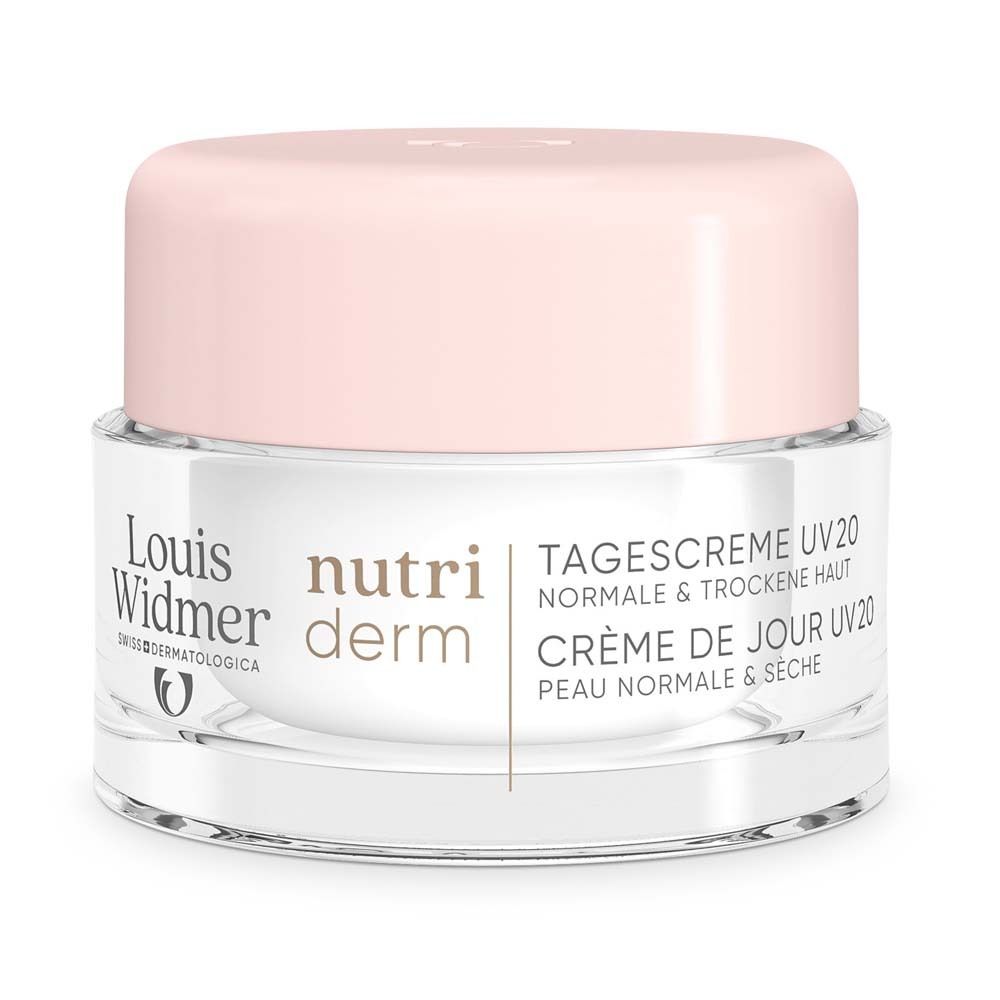 Creme-Tiegel mit rosa Deckel. Aufschrift: Louis Widmer, Nutriderm, Tagescreme UV20. Für normale und trockene Haut.