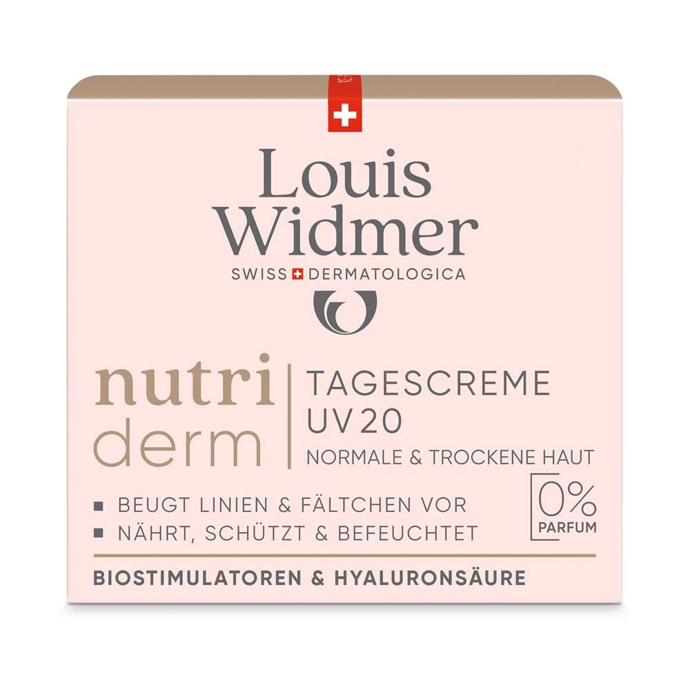 Karton mit Aufschrift: Louis Widmer, nutriderm, Tagescreme UV20. Für normale und trockene Haut. 0% Parfüm.