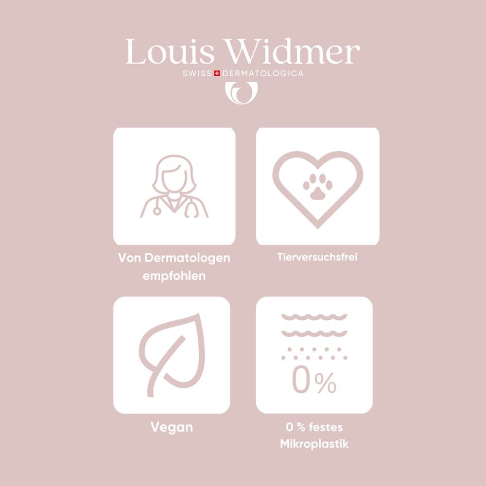 Louis Widmer Icons: Dermatologen empfohlen, tierversuchsfrei, vegan, 0% Mikroplastik.