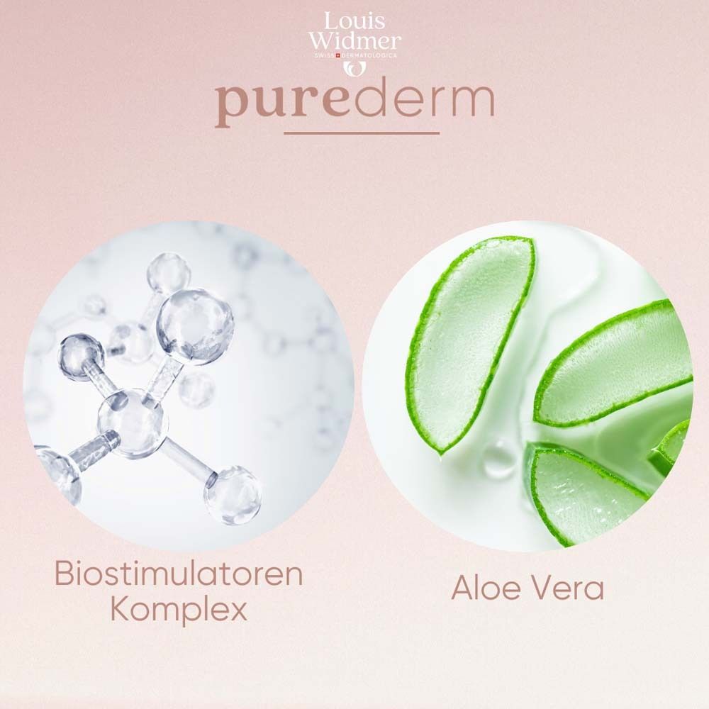 Kreisförmige Abbildungen. Links: Molekülstruktur. Rechts: Aloe Vera Blätter. Text: Biostimulatoren Komplex, Aloe Vera.