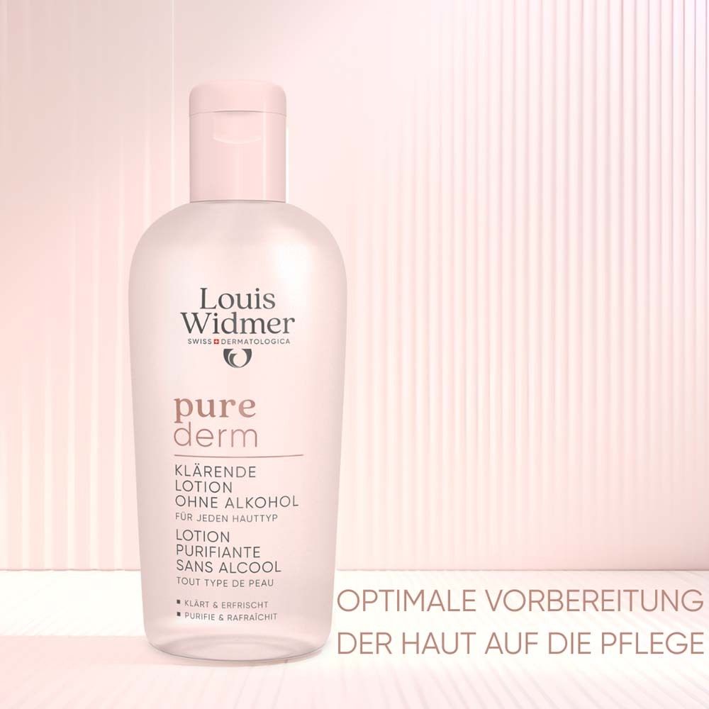 Rosa Flasche mit Lotion. Aufschrift: Louis Widmer, pure derm, klärende Lotion ohne Alkohol. Text: Optimale Vorbereitung der Haut.