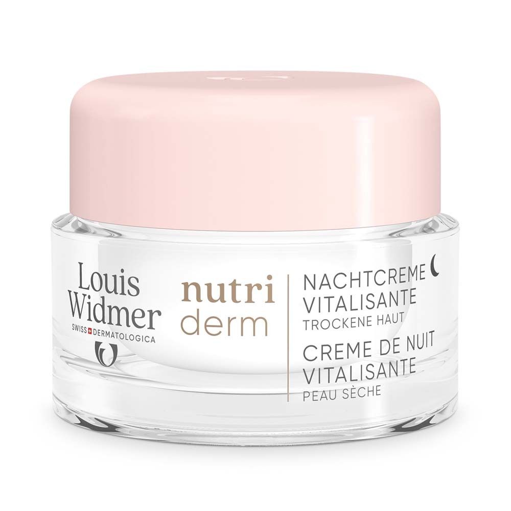 Creme-Glas mit rosa Deckel. Aufschrift: Louis Widmer, Nutriderm, Nachtcreme Vitalisante, trockene Haut. 