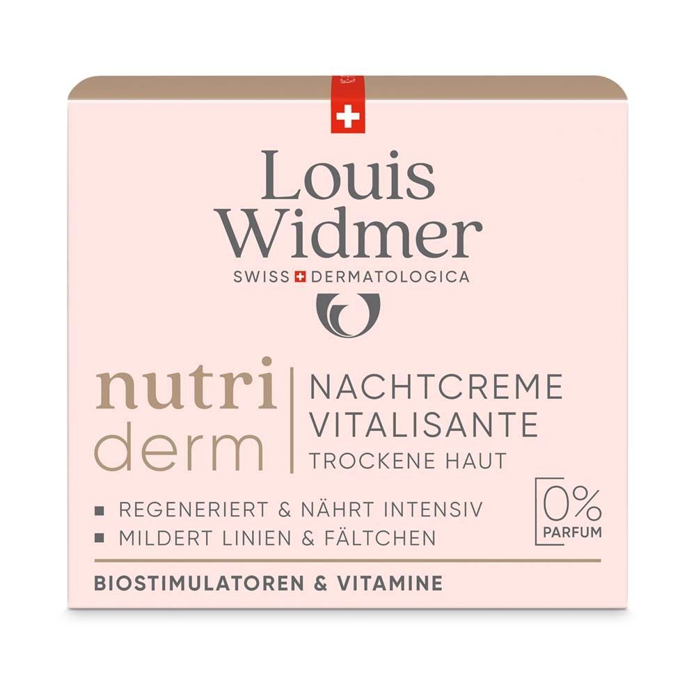 Karton mit Aufschrift: Louis Widmer, Nutriderm, Nachtcreme Vitalisante, trockene Haut. 0% Parfum.