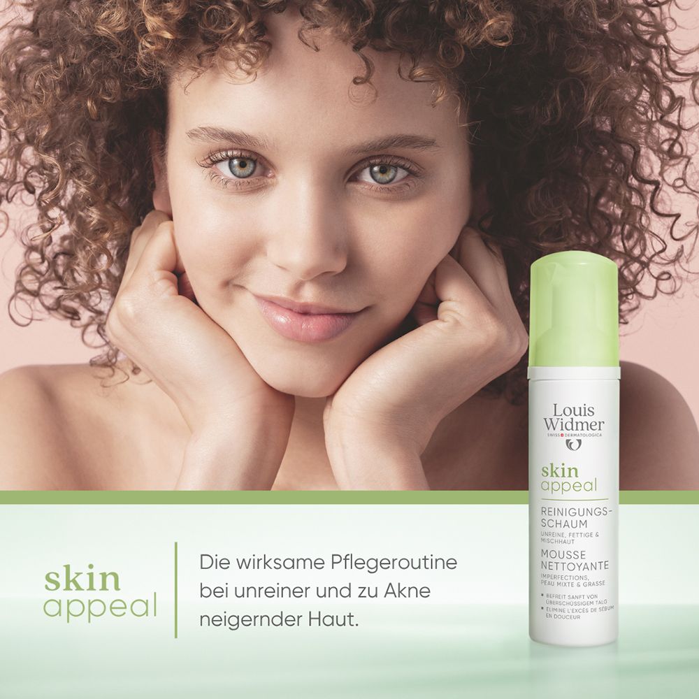 Louis Widmer skinappeal Reinigungsschaum, Lotion, Sero Fluid und Peeling.