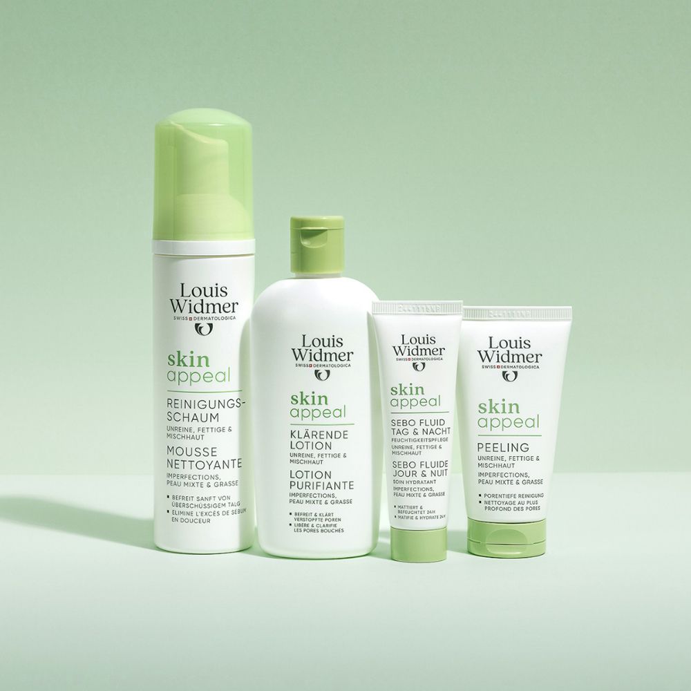 Louis Widmer skinappeal Produktset: Reinigungsschaum, Lotion, Sebo Fluid, Peeling.