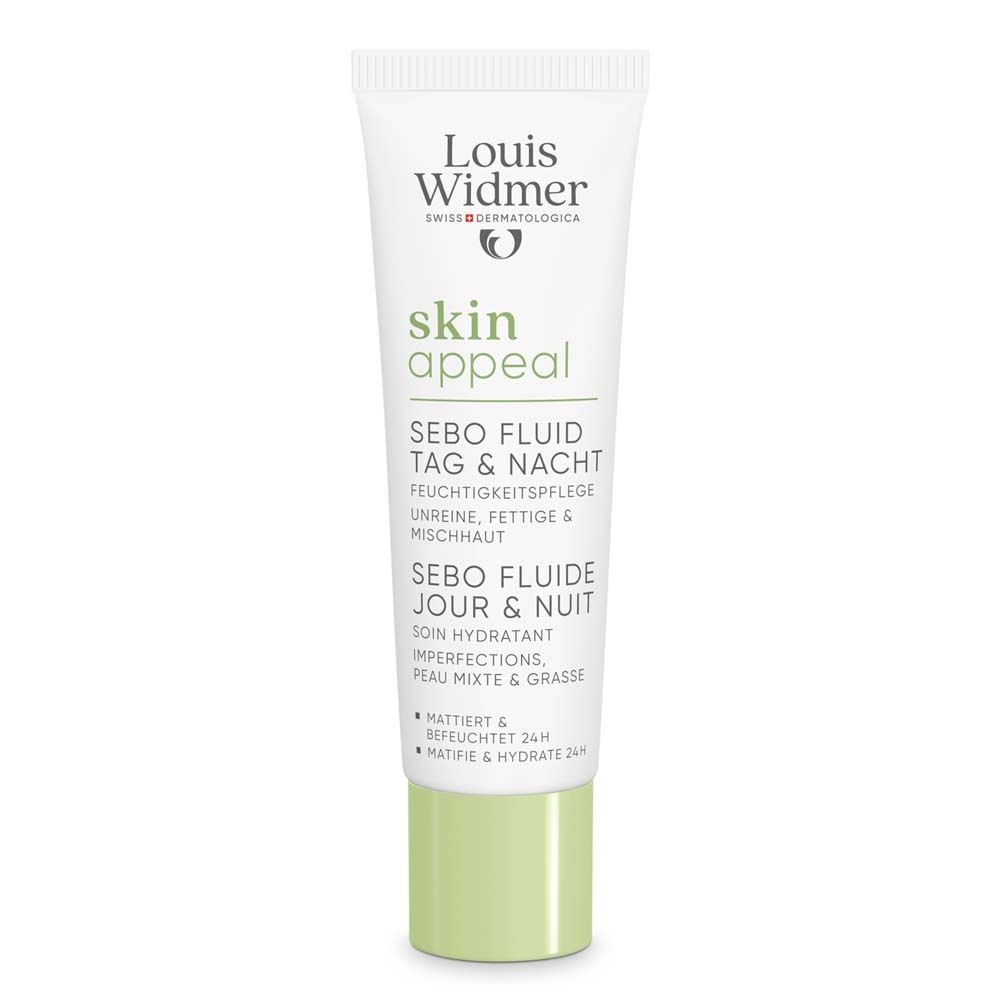 Weisse Tube mit grünem Deckel. Aufschrift: Louis Widmer, skin appeal, Sebo Fluid Tag & Nacht. Text in Deutsch und Französisch.