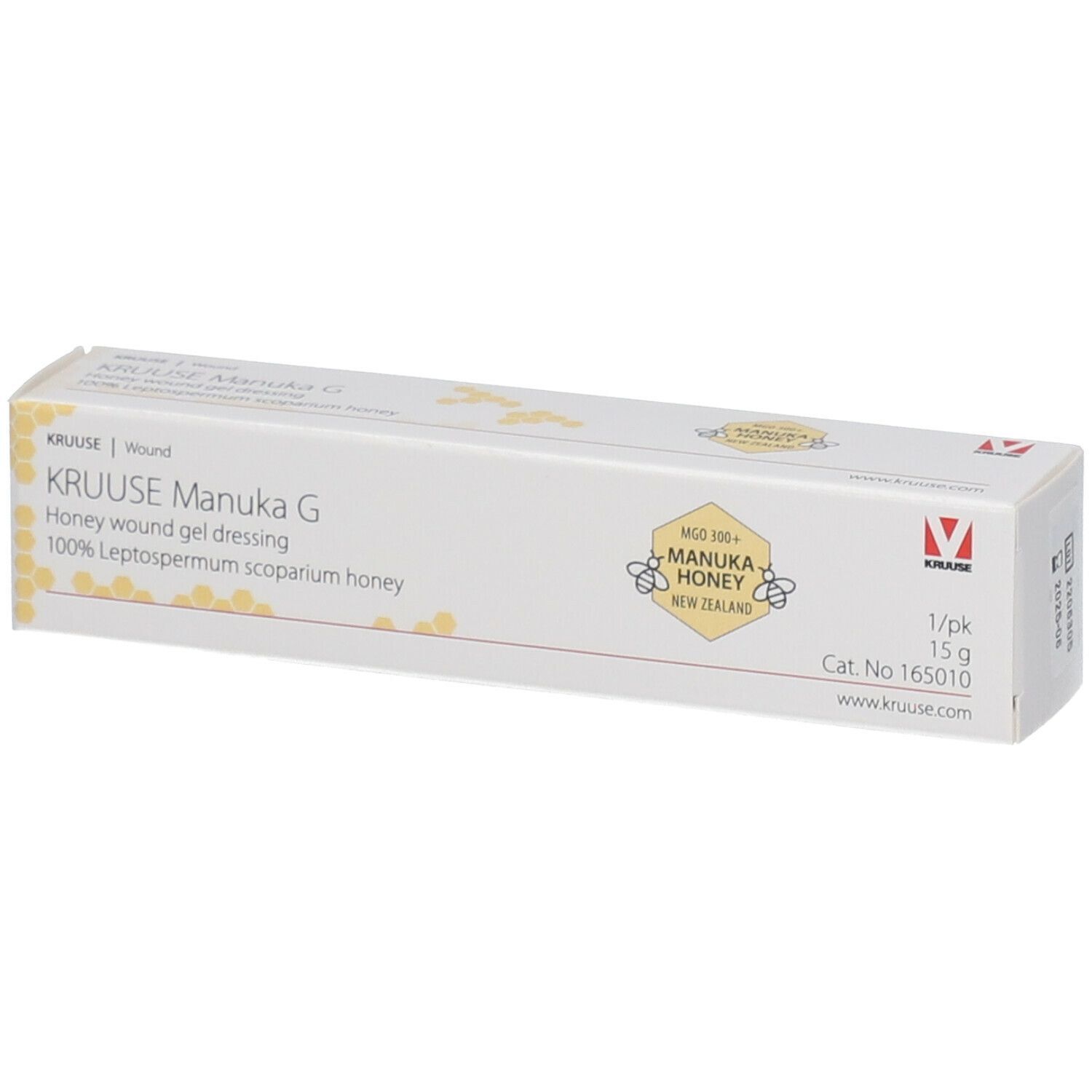 Kartonverpackung mit Produktnamen Kruuse Manuka G. Aufdrucke: Honig-Wundgel, Manuka-Honig, 15 g, Logo.