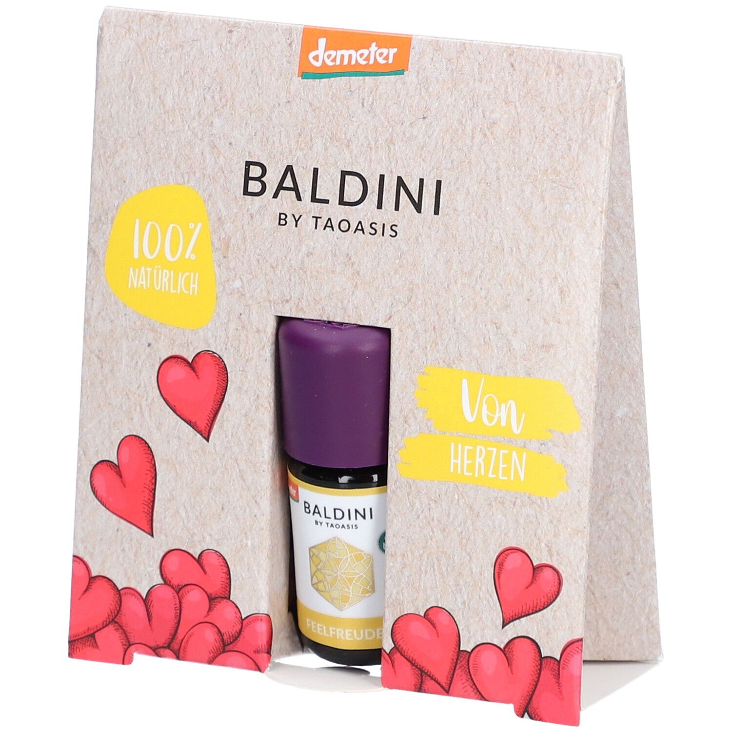 BALDINI Mini-Duftset „Von Herzen“. Flakon mit lila Verschluss in Pappverpackung mit Herz-Motiven. Demeter-Siegel.