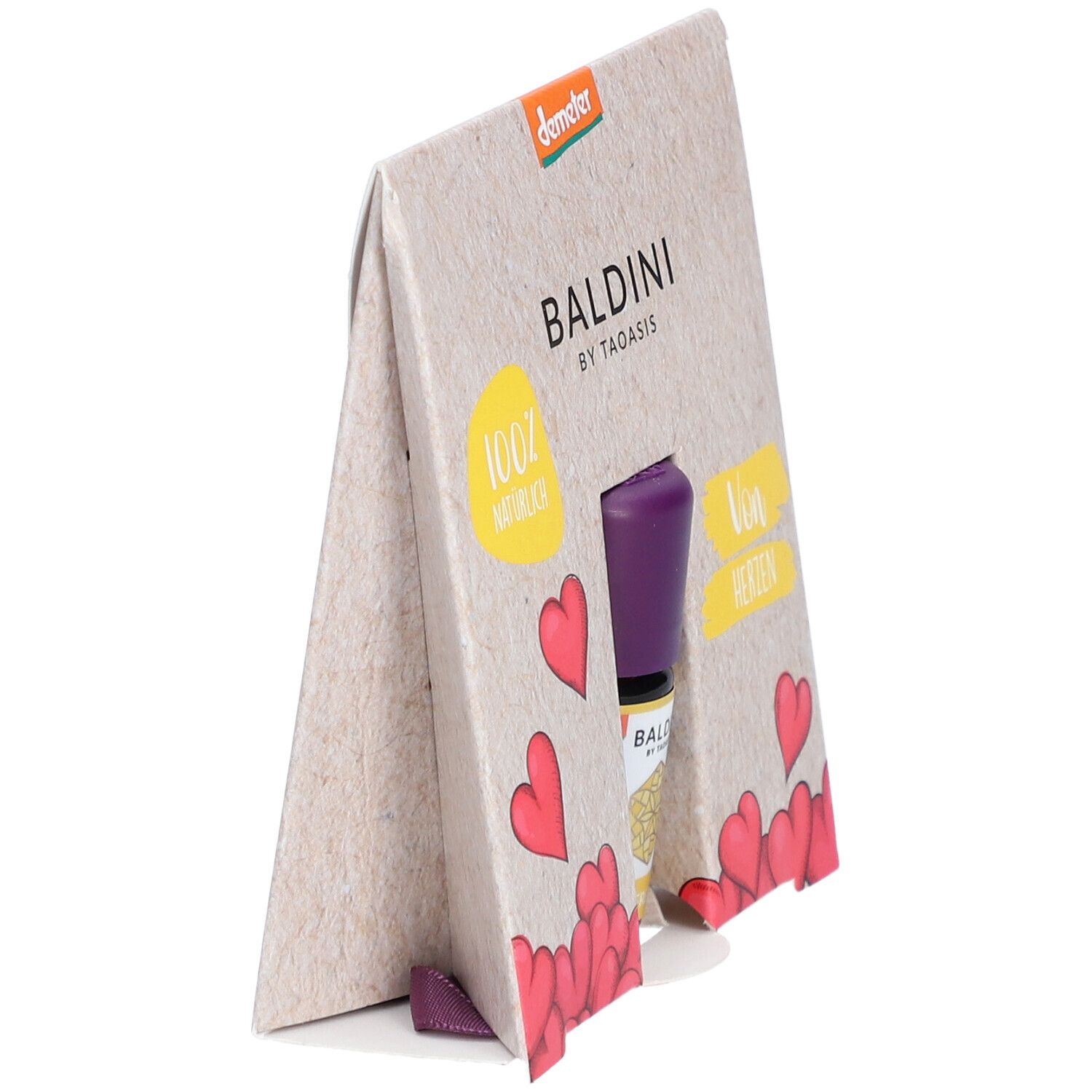 BALDINI Mini-Duftset „Von Herzen“. Flakon mit lila Verschluss in Pappverpackung. Herz-Motive und Aufdrucke. Demeter-Siegel.