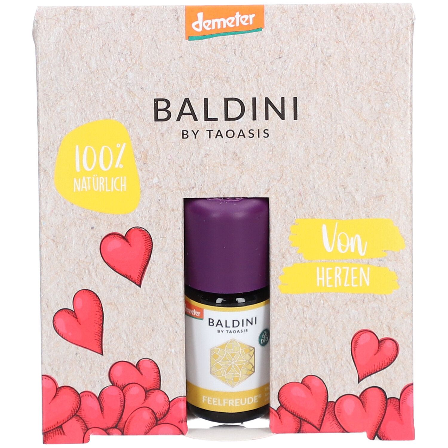 BALDINI Mini-Duftset „Von Herzen“. Flakon mit lila Verschluss in Pappverpackung. Herz-Motive und Aufdrucke. Demeter-Siegel.
