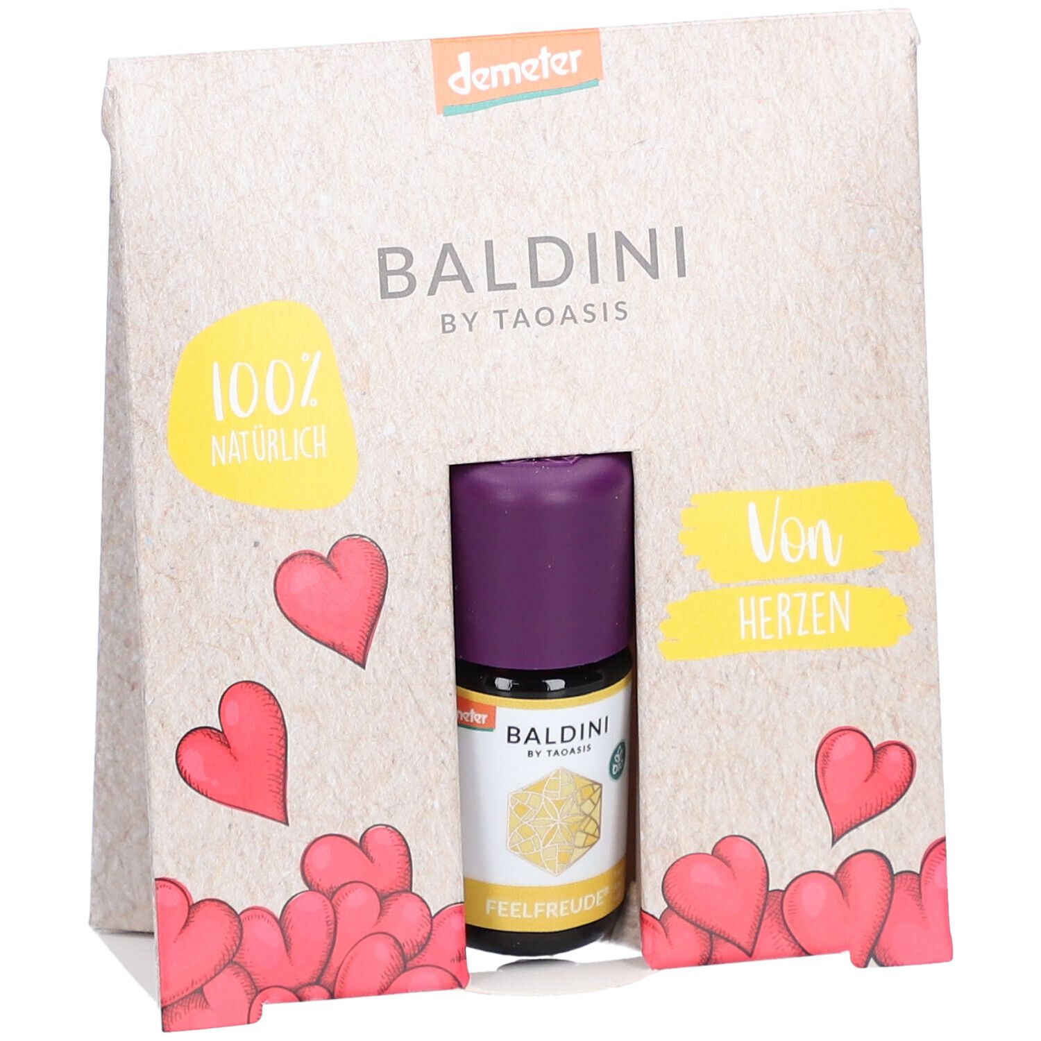 BALDINI Mini-Duftset „Von Herzen“. Flakon mit lila Verschluss in Pappverpackung. Herz-Motive und Aufdrucke. Demeter-Siegel.