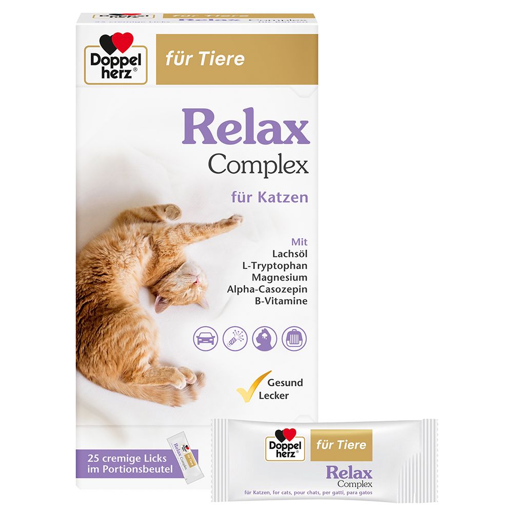 Doppelherz Relax Complex für Katzen. Packung mit Produkt und Katze. Enthält Lachsöl, L-Tryptophan, Magnesium, Alpha-Casezepin, B-Vitamine.