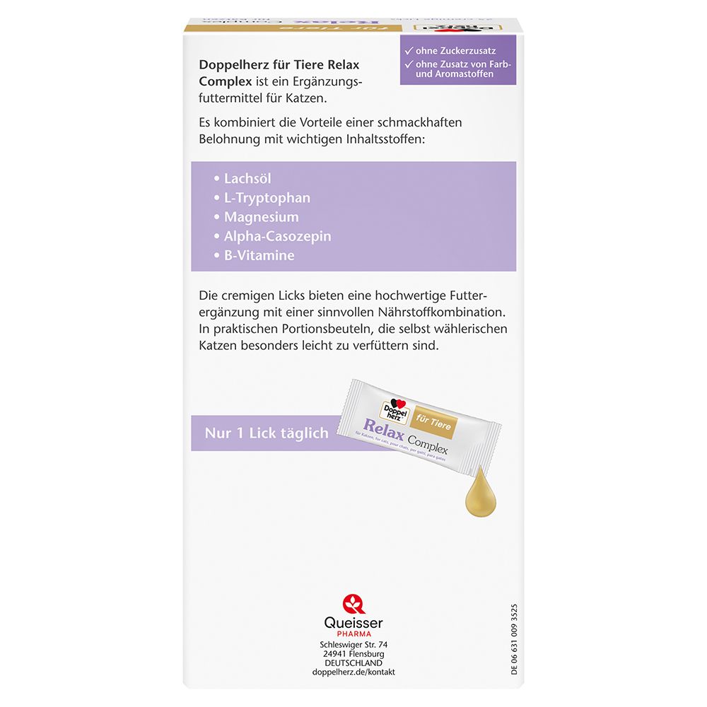 Rückseite der Doppelherz Relax Complex Verpackung. Enthält Informationen zu Inhaltsstoffen und Anwendung. Mit Lachsöl, L-Tryptophan, Magnesium.