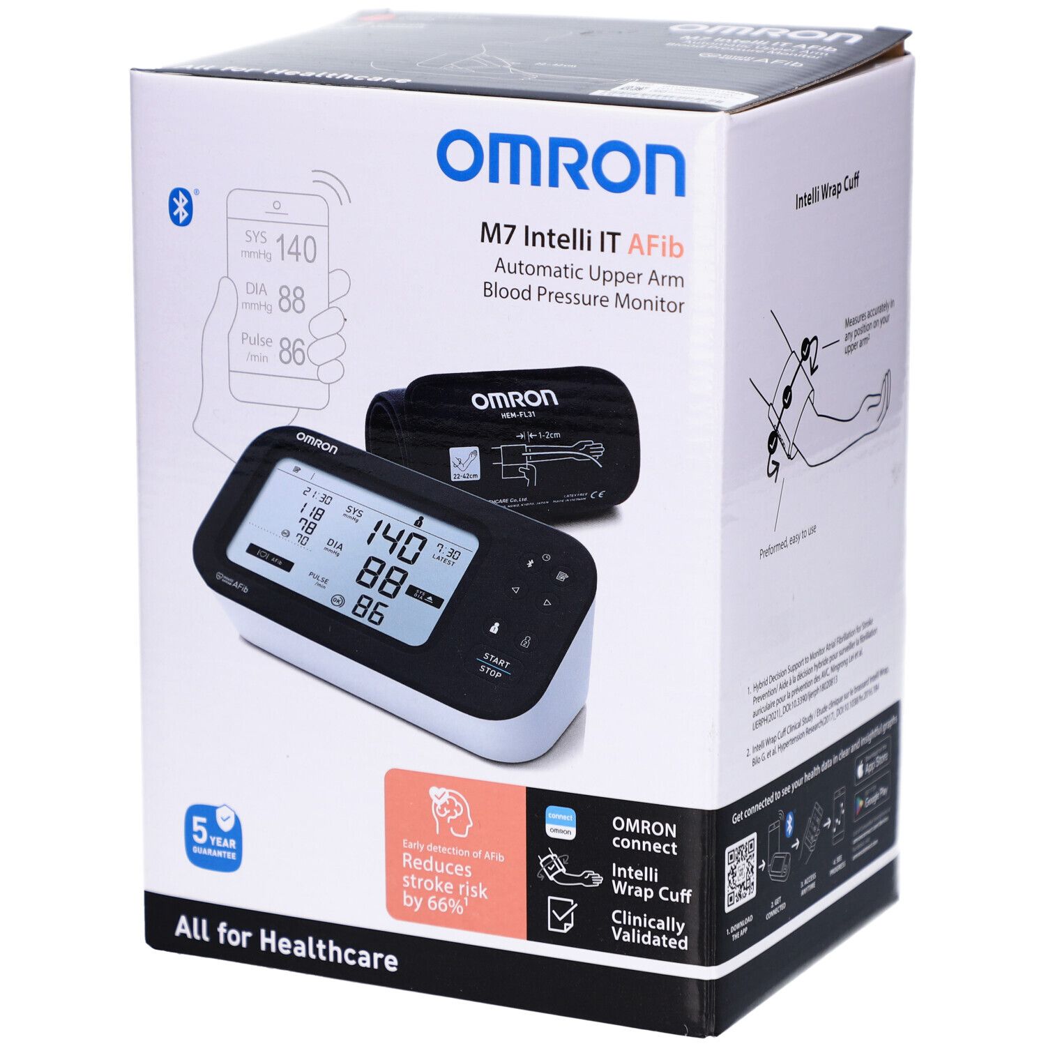 Verpackung des OMRON M7 Intelli IT AFib Blutdruckmessgeräts. Zeigt das Gerät und Manschette. Bluetooth-Logo und Messwerte auf dem Display.
