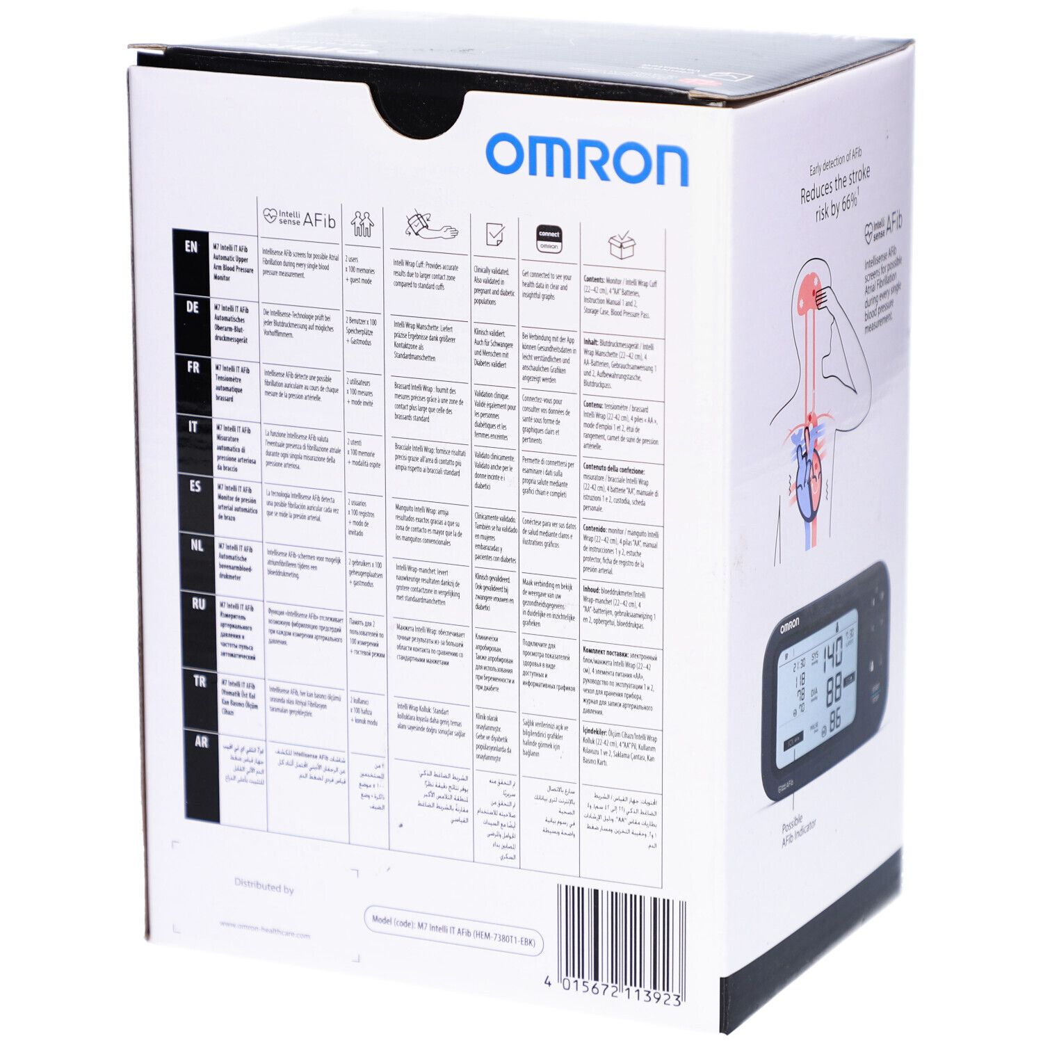 Rückseite der Verpackung des OMRON M7 Intelli IT AFib. Text in verschiedenen Sprachen, einschließlich Deutsch, zu Funktionen.