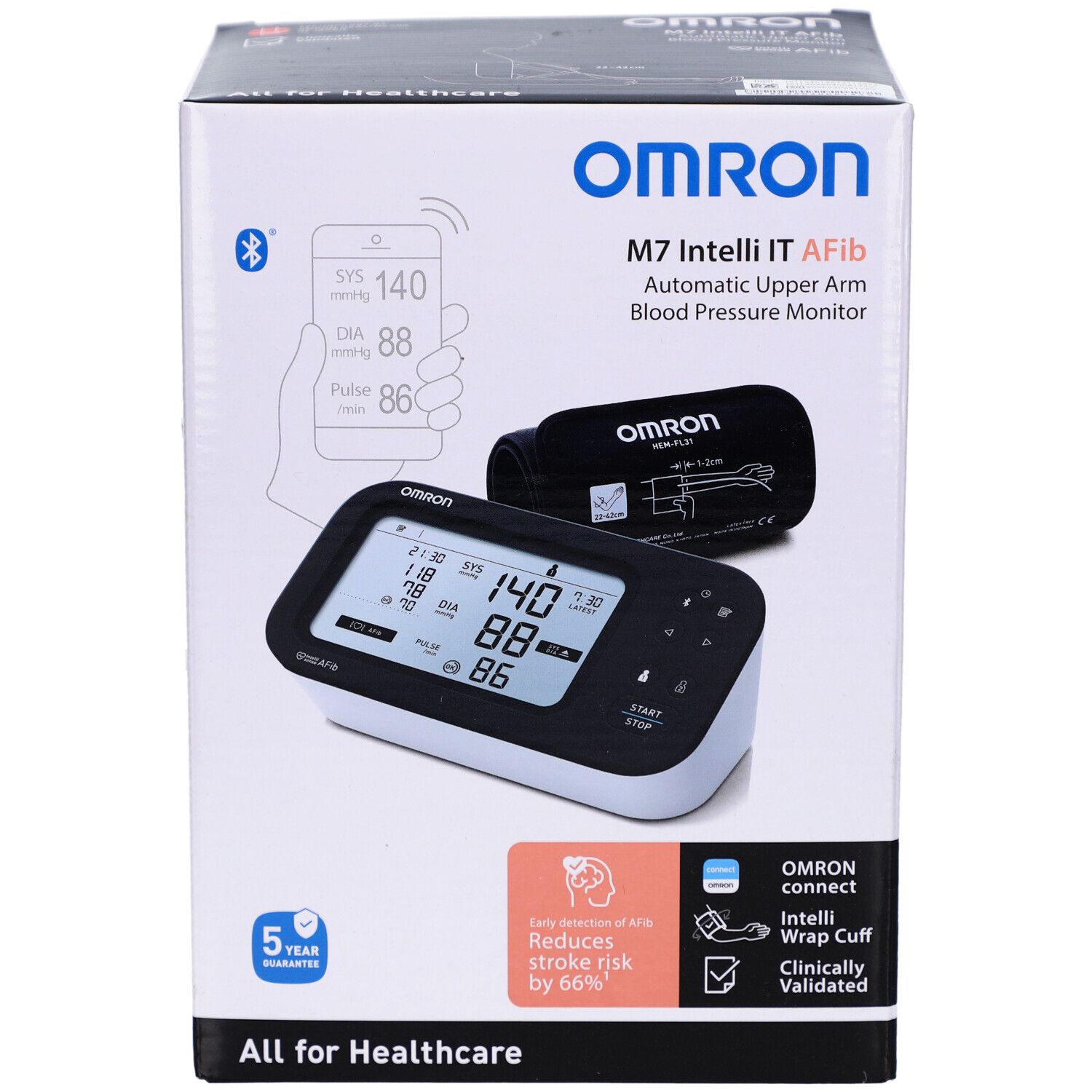 Verpackung des OMRON M7 Intelli IT AFib. Zeigt das Gerät, Manschette und Display mit Messwerten. Bluetooth-Logo.
