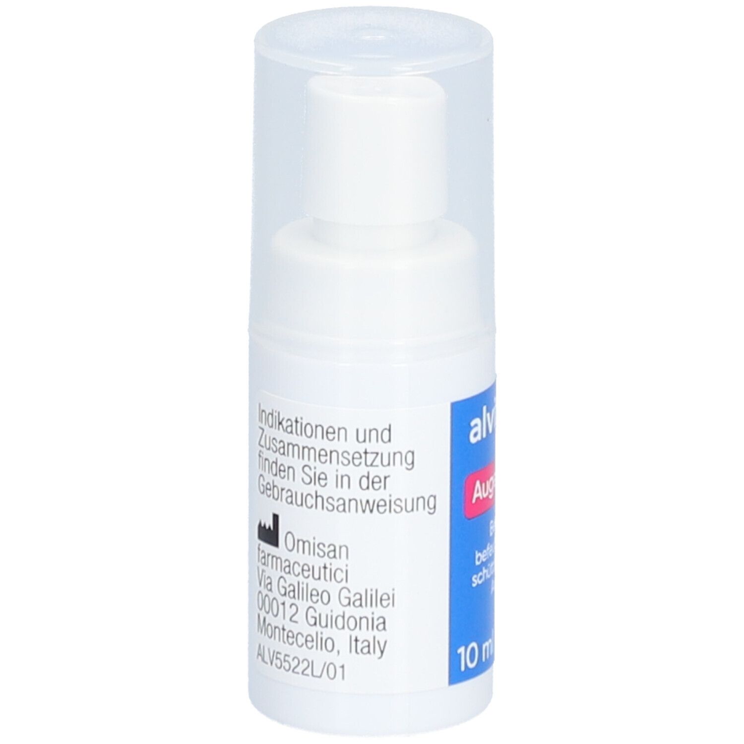 Weiße Augenspray-Flasche mit durchsichtigem Deckel. Etikett mit Text und Adresse von Omsan farmaceutici. 10 ml.