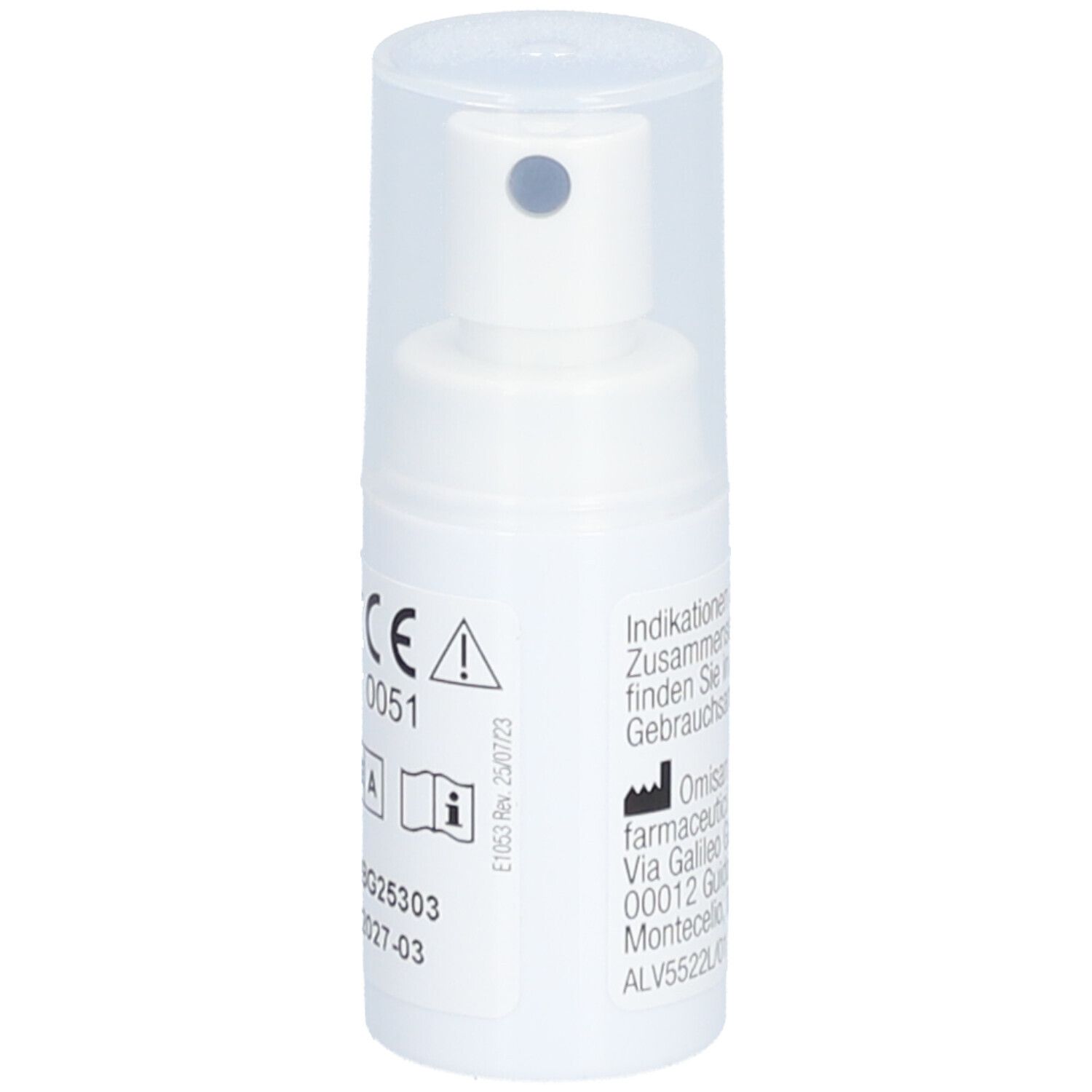 Weiße Augenspray-Flasche mit durchsichtigem Deckel. Aufdrucke mit CE-Zeichen und anderen Symbolen. 