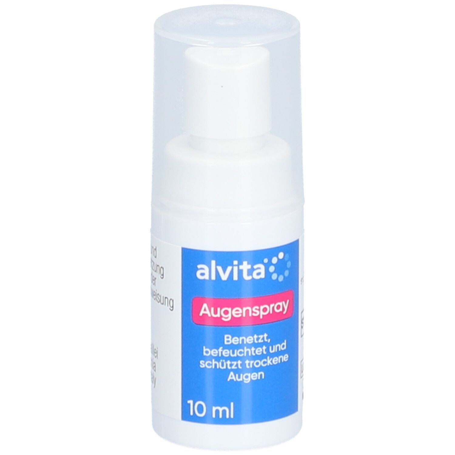 Weiße Augenspray-Flasche mit durchsichtigem Deckel. Blaues Etikett mit "alvita" und "Augenspray". 10 ml.