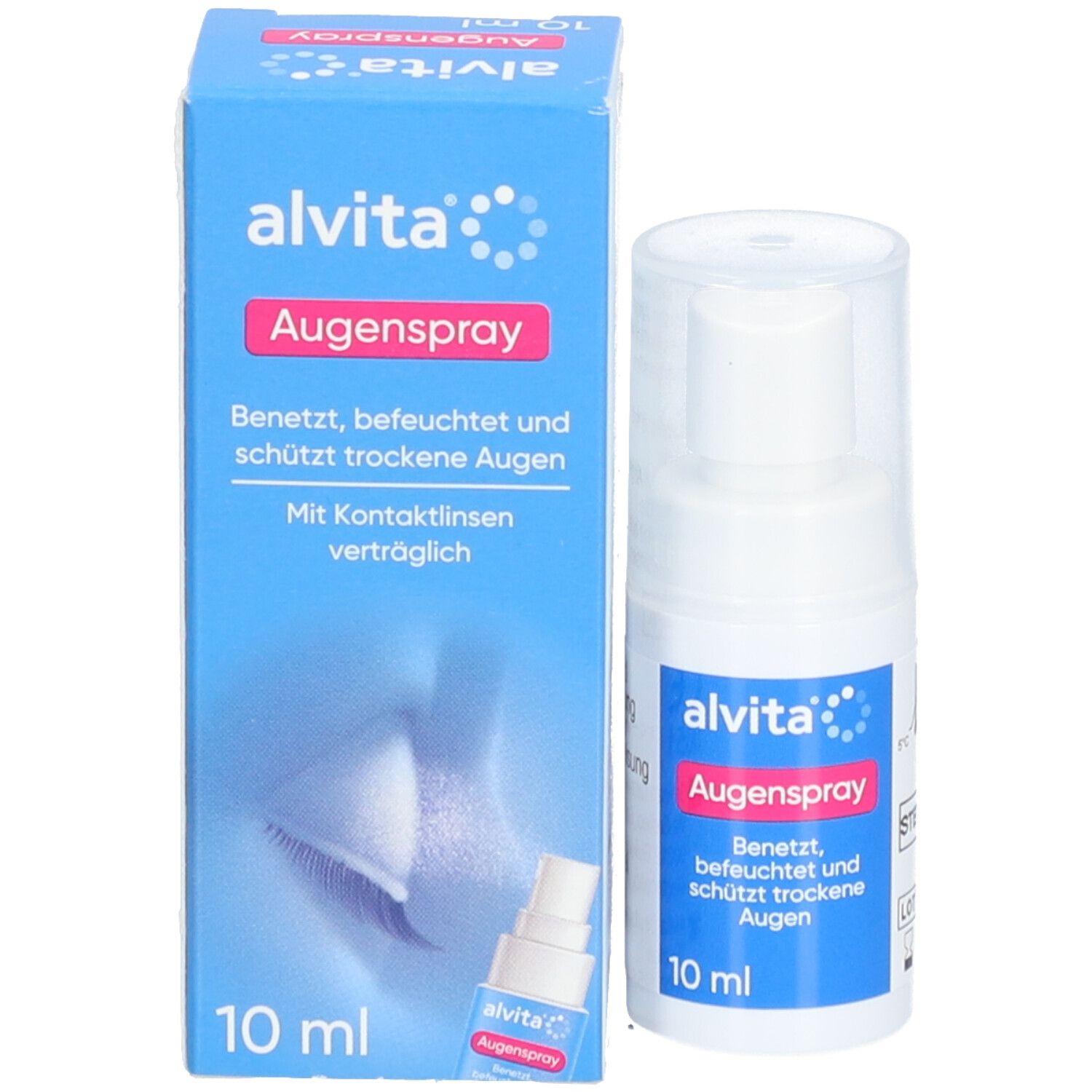 Blauer Karton und weiße Augenspray-Flasche. Karton mit "alvita" und "Augenspray". Flasche: 10 ml.