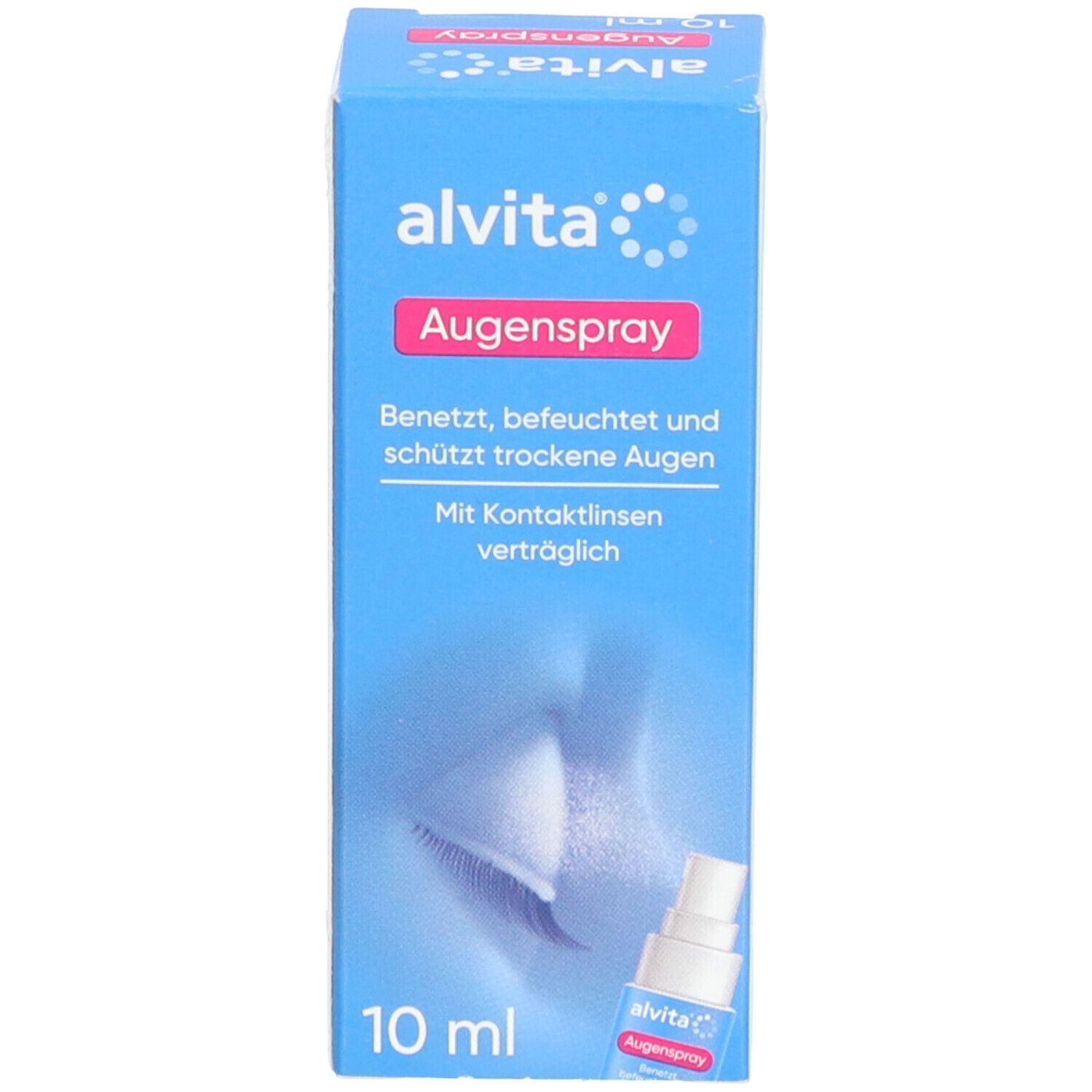Blauer Karton mit "alvita" und "Augenspray". Flasche mit "alvita" und "Augenspray" abgebildet. 10 ml.