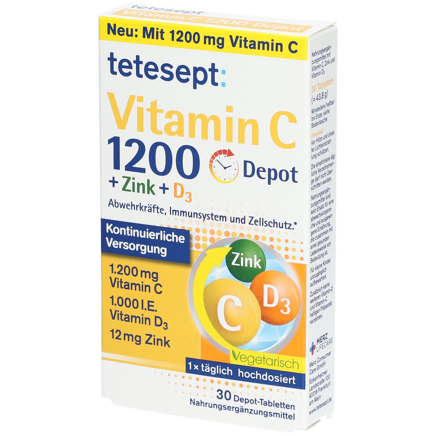 tetesept Vitamin C 1200 Depot + Zink + D3. Packung mit 30 Tabletten. Enthält Vitamin C, Zink und Vitamin D3. Vegetarisch.