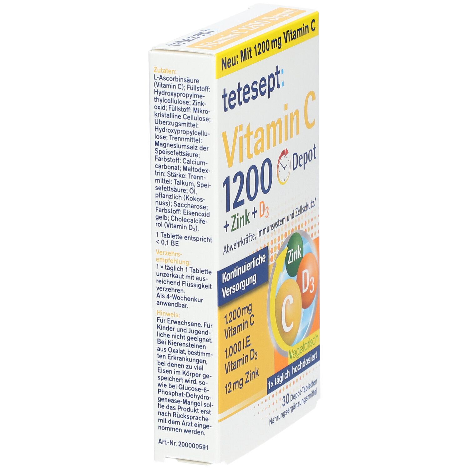 tetesept Vitamin C 1200 Depot + Zink + D3. Schrägansicht der Verpackung. Enthält 30 Tabletten. Mit Vitamin C, Zink und D3. Vegetarisch.