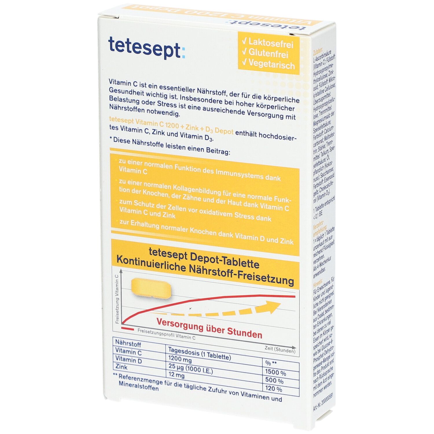 Rückseite der tetesept Vitamin C 1200 Depot + Zink + D3 Verpackung. Informationen zu Inhaltsstoffen, Nährstoffen und Depot-Tabletten.