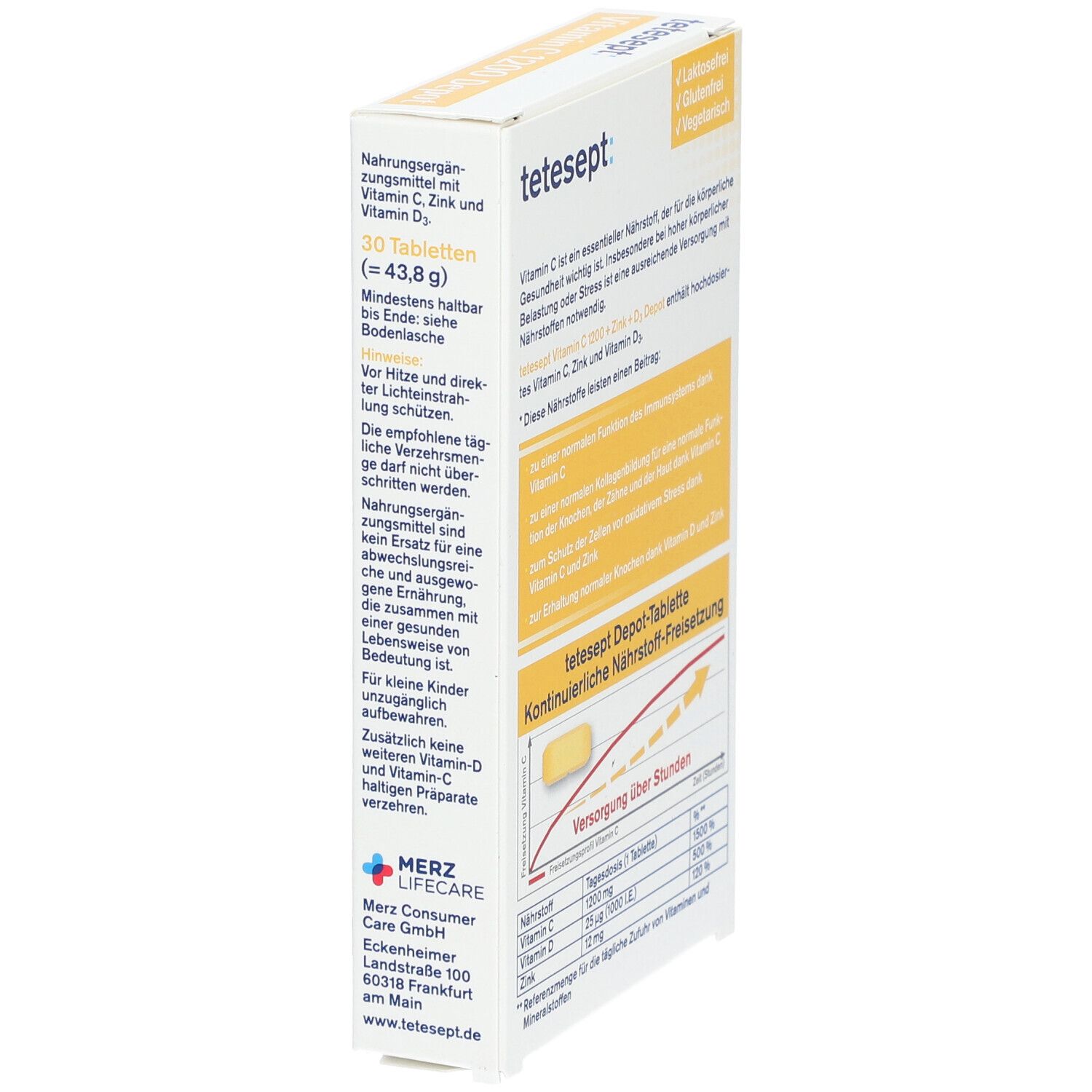 Rückseite der tetesept Vitamin C 1200 Depot + Zink + D3 Verpackung. Informationen zu Inhaltsstoffen, Nährstoffen und Depot-Tabletten.