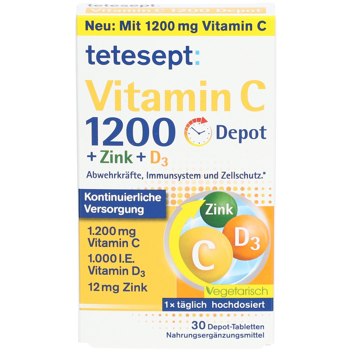tetesept Vitamin C 1200 Depot + Zink + D3. Packung mit 30 Tabletten. Enthält Vitamin C, Zink und Vitamin D3. Vegetarisch.