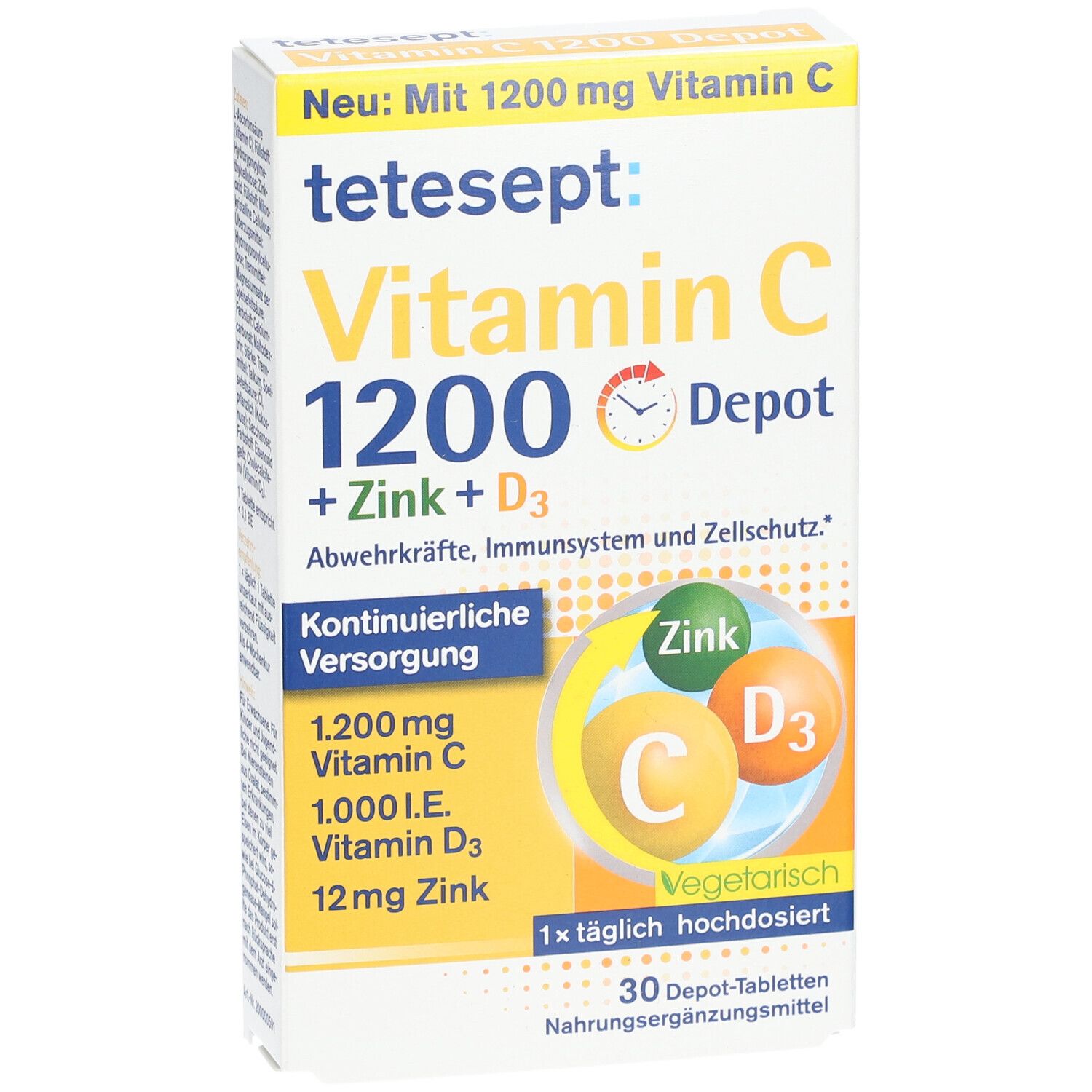 tetesept Vitamin C 1200 Depot + Zink + D3. Packung mit 30 Tabletten. Enthält Vitamin C, Zink und Vitamin D3. Vegetarisch.