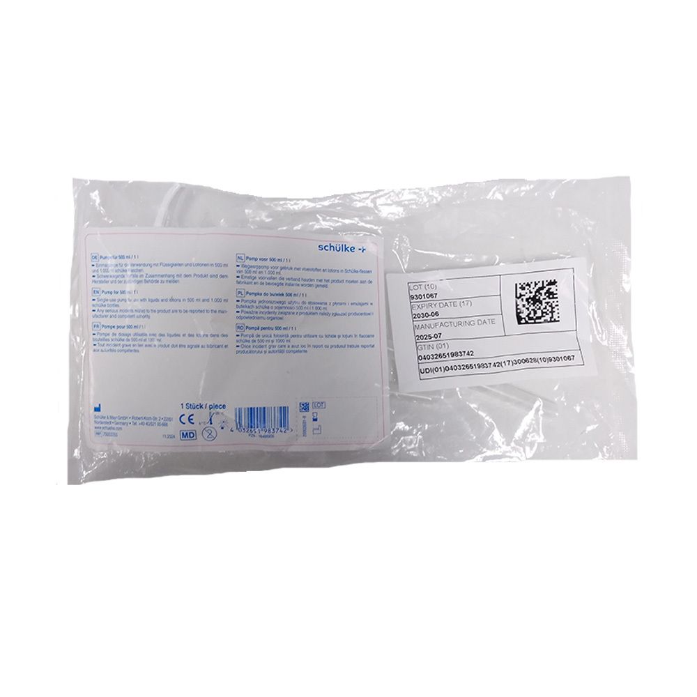 Verpackung mit Produktinformationen und Barcode. Aufdruck: schülke. CE-Kennzeichnung.