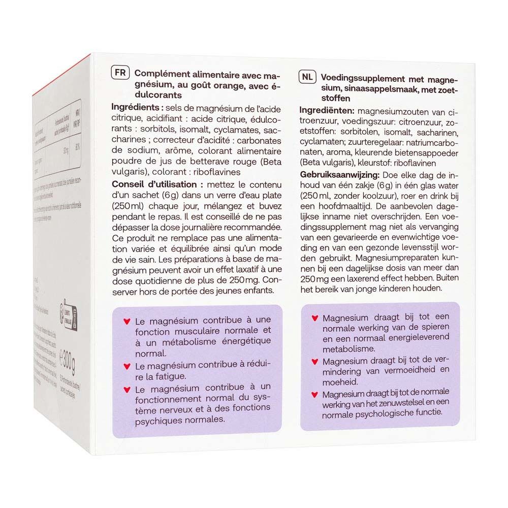 Rückseite der Schachtel Redcare Magnesium 300. Text in Französisch und Niederländisch. Inhaltsstoffe, Anwendung.