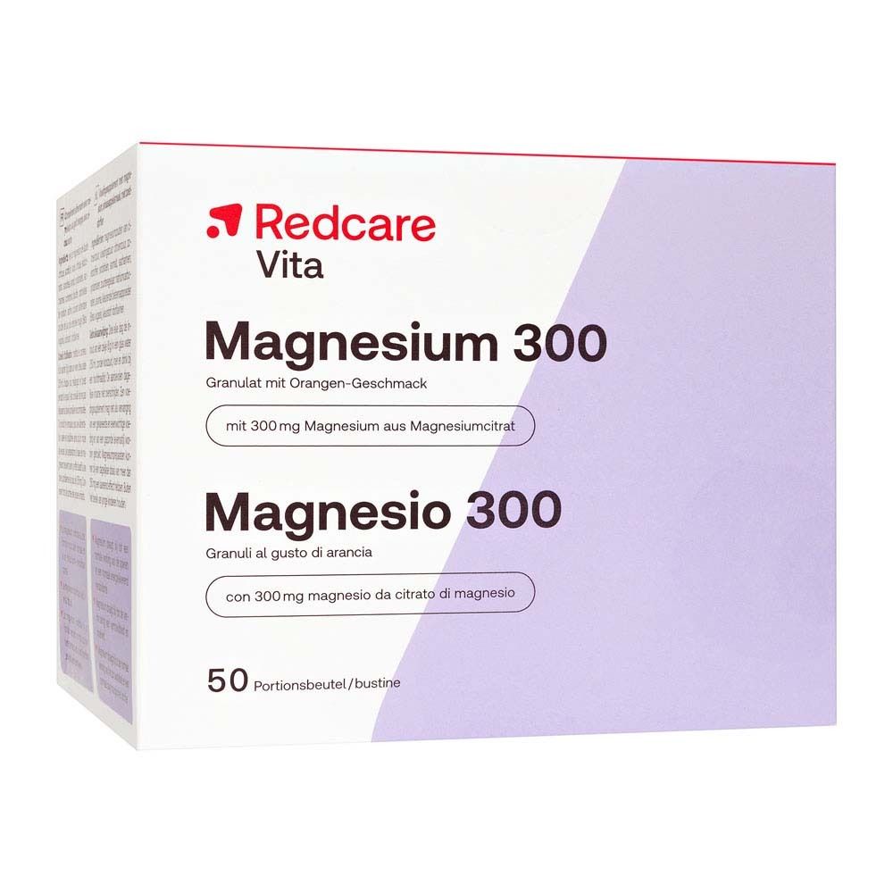 Schachtel Redcare Magnesium 300. Weiß mit lila Akzent. Text: Magnesium 300, Magnesio 300, 50 Portionen.