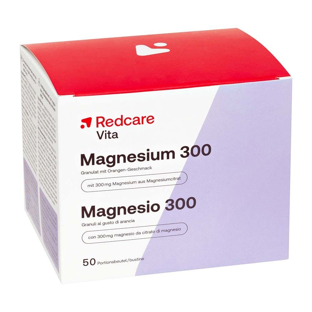 Schachtel Redcare Magnesium 300. Rot und weiß. Text: Magnesium 300, Magnesio 300, 50 Portionen.