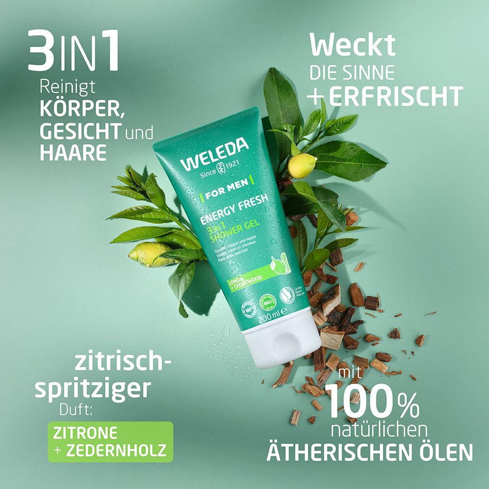 Grüne Tube mit Produktnamen und Inhaltsstoffen. Dekoration mit Blättern und Holz. Text: 3in1, erfrischt, 100% natürliche ätherische Öle.