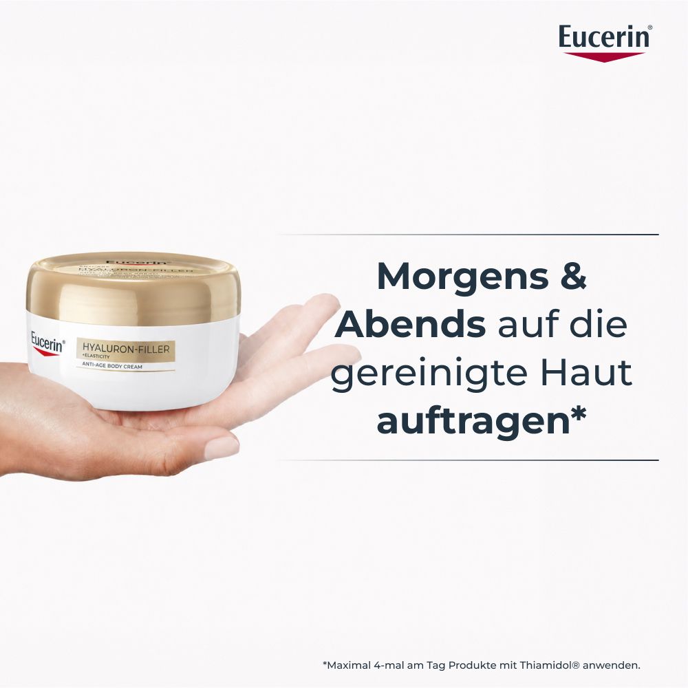 Eucerin Hyaluron-Filler + Elasticity Body Cream in der Hand.