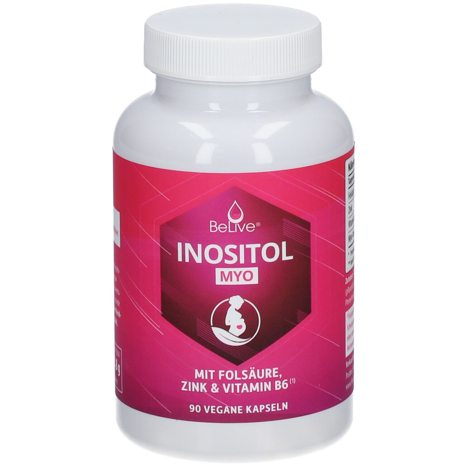 Weiße Flasche mit pinkfarbenem Etikett. Aufschrift: BeLive® INOSITOL MYO, mit Folsäure, Zink & Vitamin B6. 90 vegane Kapseln.