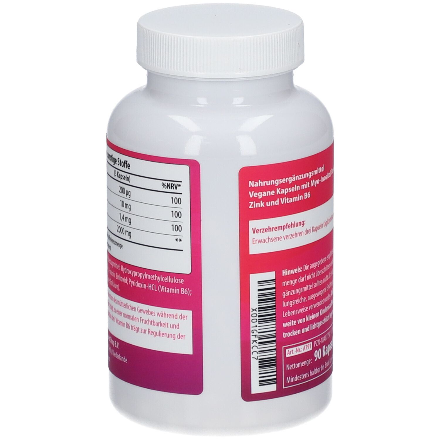 Rückseite der Flasche BeLive® INOSITOL MYO. Enthält Nährwertangaben und sonstige Stoffe. Text: 90 Kapseln/73,8 g. Mindestens haltbar bis: siehe Boden.