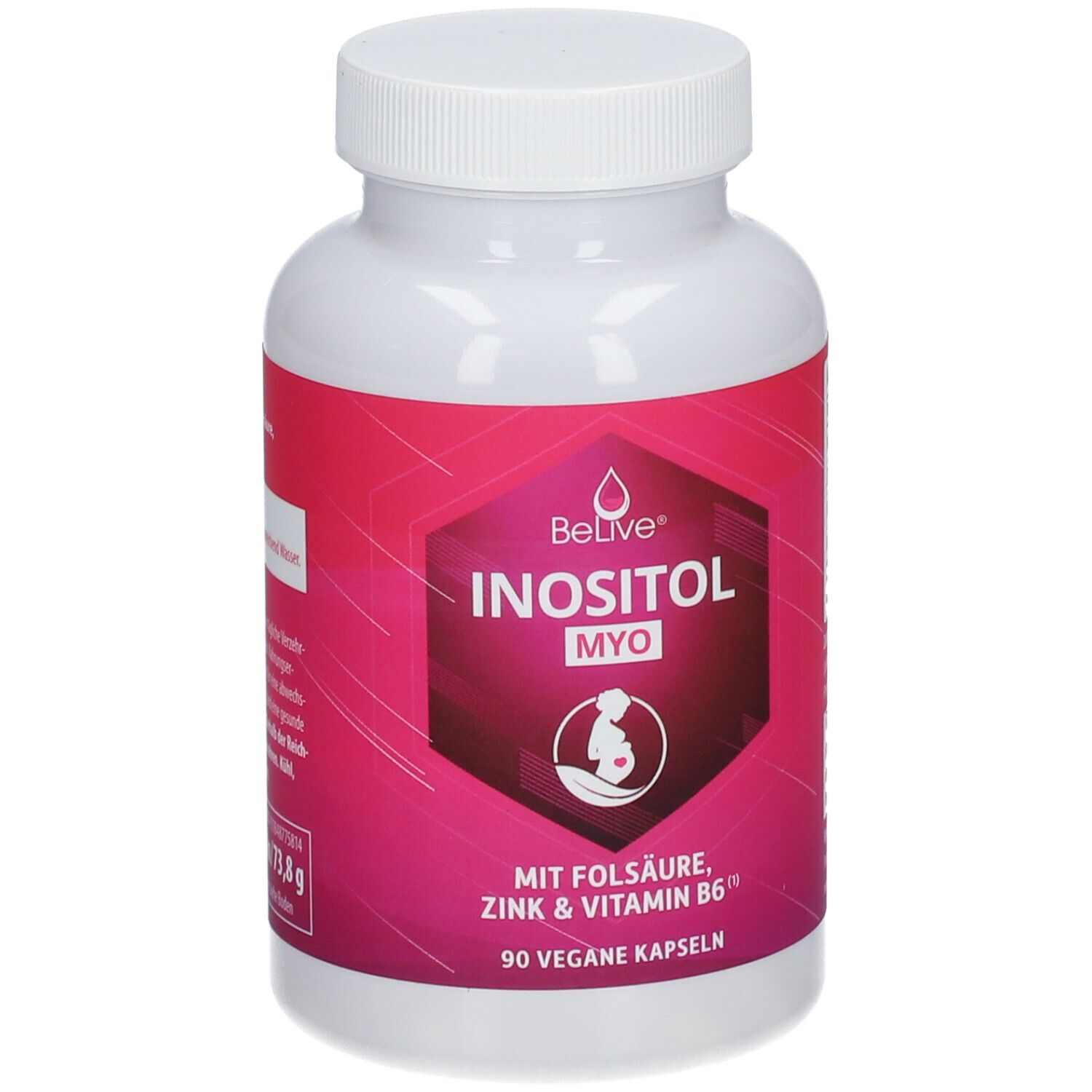 Weiße Flasche mit pinkfarbenem Etikett. Aufschrift: BeLive® INOSITOL MYO, mit Folsäure, Zink & Vitamin B6. 90 vegane Kapseln.