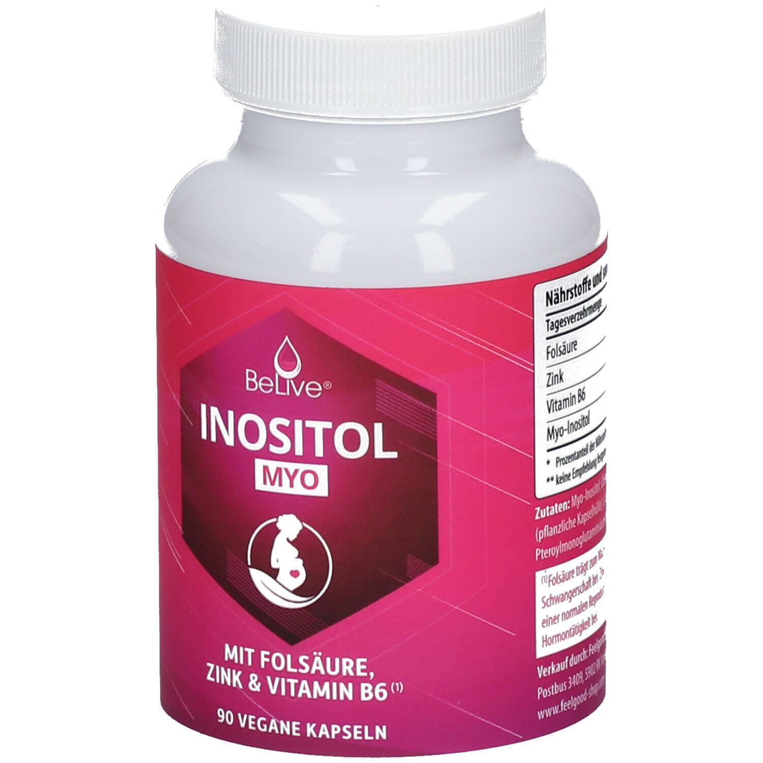 Weiße Flasche mit pinkfarbenem Etikett. Aufschrift: BeLive® INOSITOL MYO, mit Folsäure, Zink & Vitamin B6. 90 vegane Kapseln.