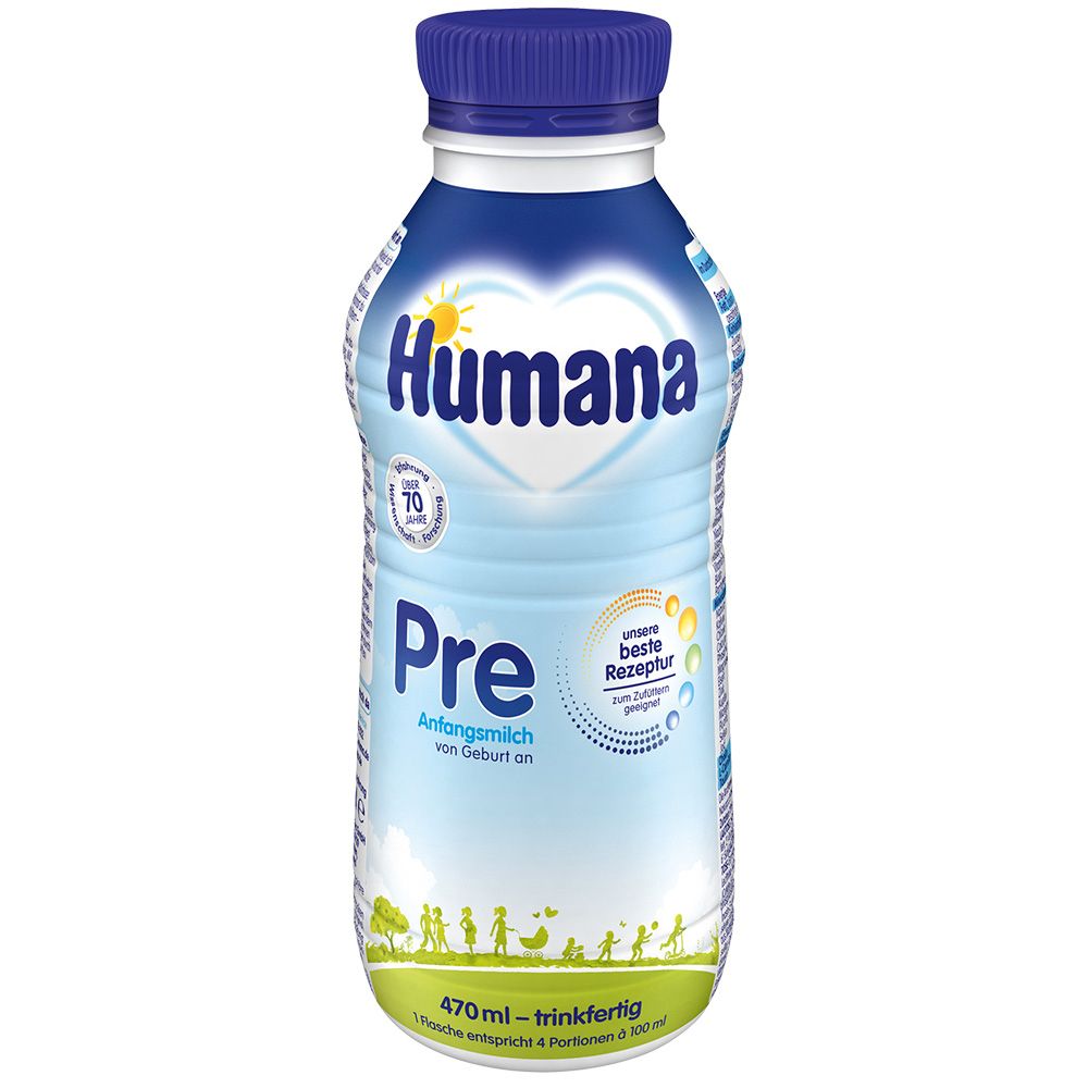 Trinkfertige Humana Anfangsmilch Pre Flasche. Blau-weißes Design mit Logo und Produktbezeichnung. 470 ml.