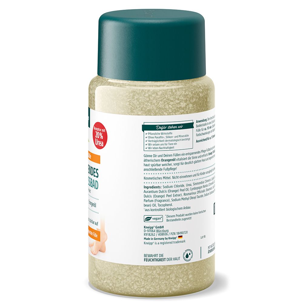 Rückseite der Fußbadkristalle-Flasche. Text: Anwendung, Inhaltsstoffe, 600g, vegan, hergestellt in Deutschland.