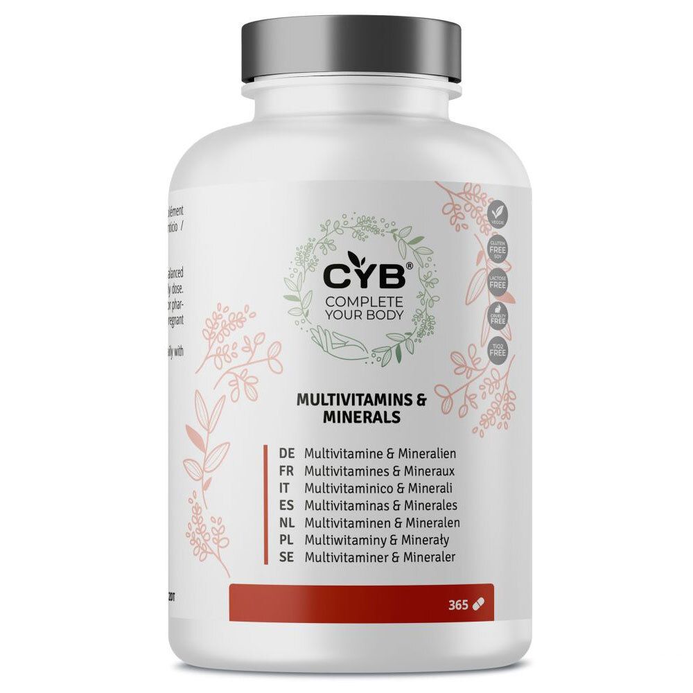 Weiße Flasche mit CYB-Logo und Aufschrift Multivitamine & Mineralstoffe. 365 Tabletten.
