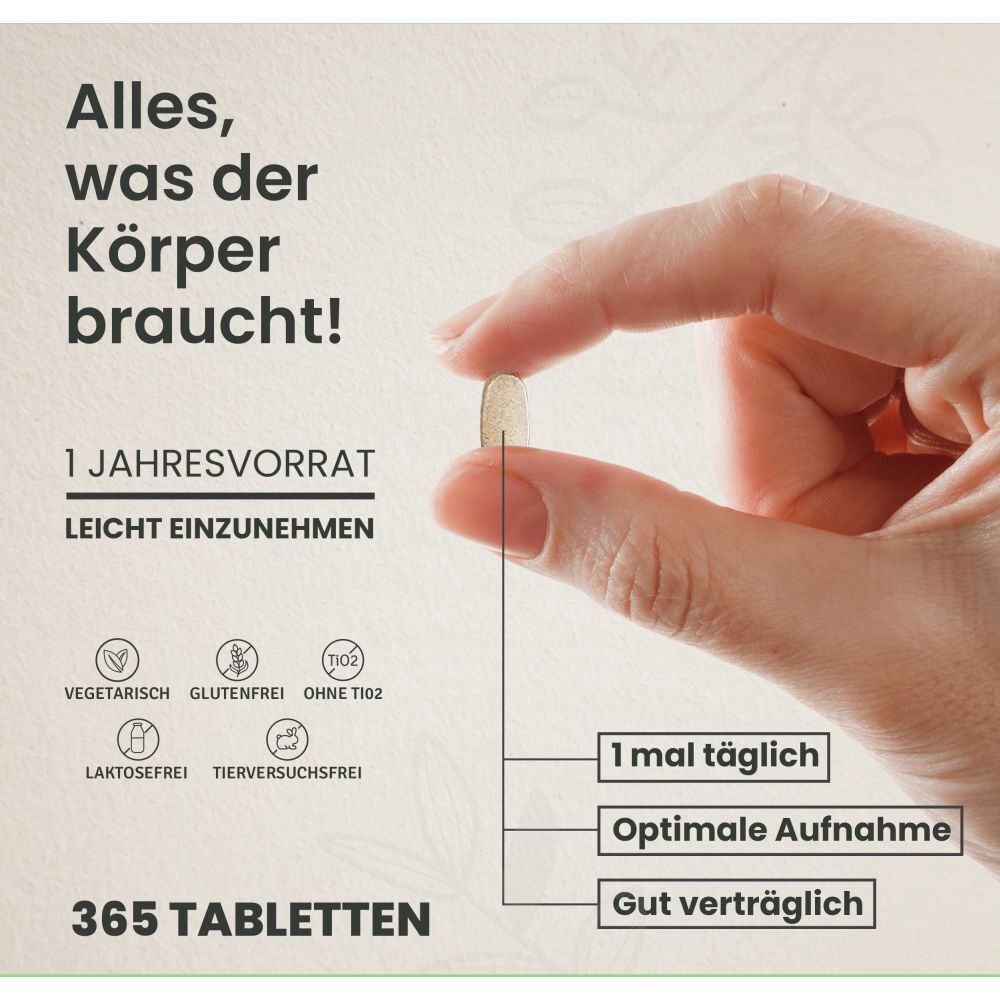 Hand hält eine Tablette. Text: 1 Jahresvorrat, leicht einzunehmen. Vegetarisch, glutenfrei, ohne Tio2.
