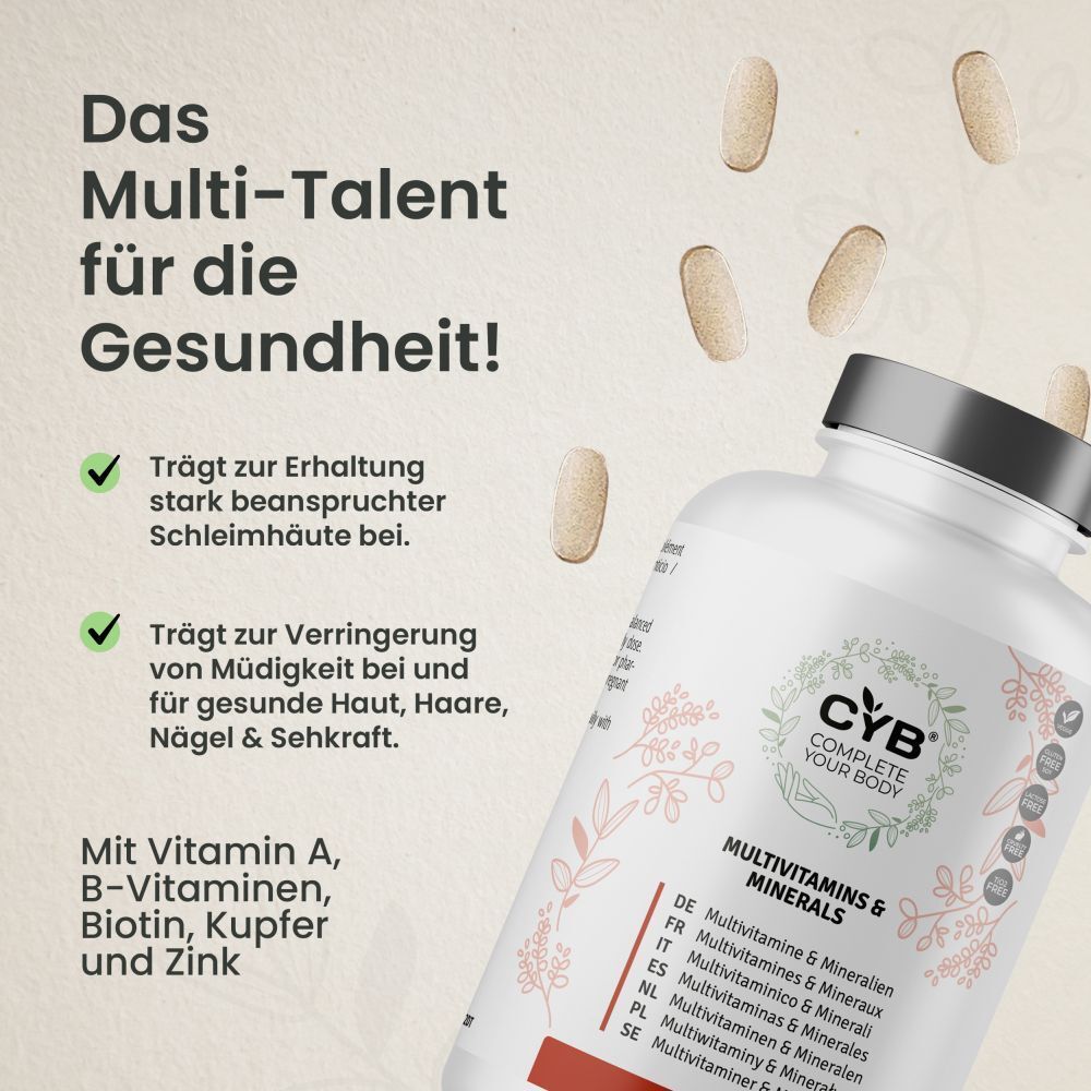 Flasche mit Tabletten. Text: Multi-Talent für Gesundheit. Mit Vitamin A, B, Kupfer und Zink. 365 Tabletten.