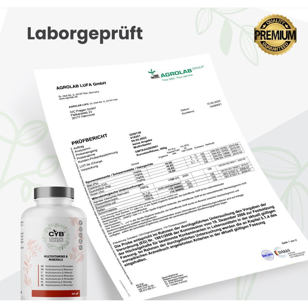 Laborgeprüftes Dokument mit Flasche. Premium Qualität. AGROLAB LUFA GmbH. Prüfbericht.