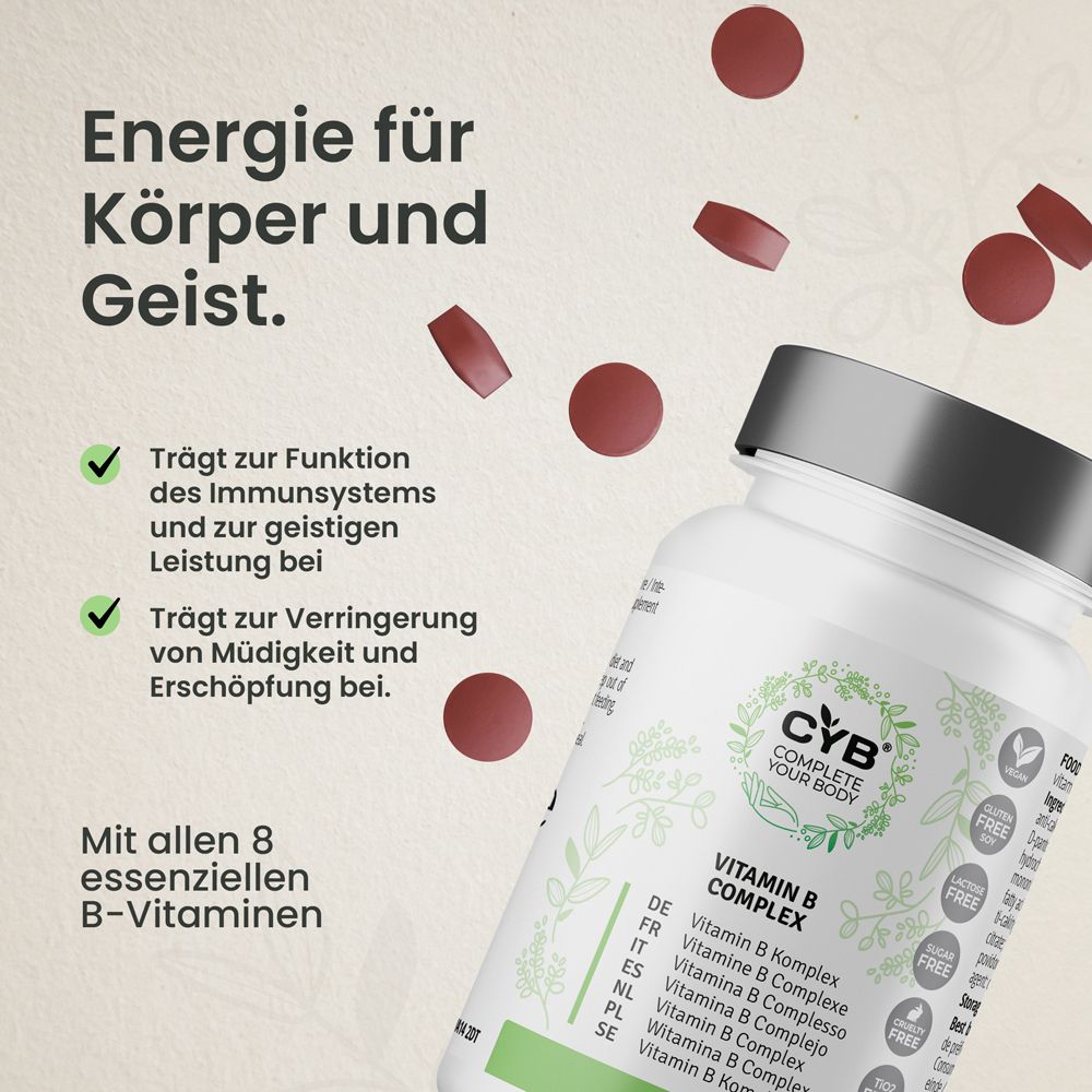 Flasche mit Vitamin B Komplex Tabletten. Text: Energie für Körper und Geist. Mit allen 8 essentiellen B-Vitaminen.