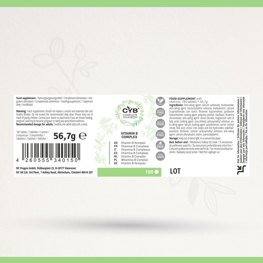 Rückseite der Flasche mit Vitamin B Komplex Tabletten. Text: 180 Tabletten, 56,7g. Inhaltsstoffe, Warnhinweise, empfohlene Dosierung.
