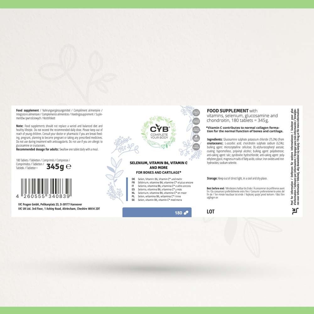 Rückseite der Flasche mit Inhaltsstoffen und Nährwertangaben. Enthält Vitamin C, Glucosamin, Chondroitin.